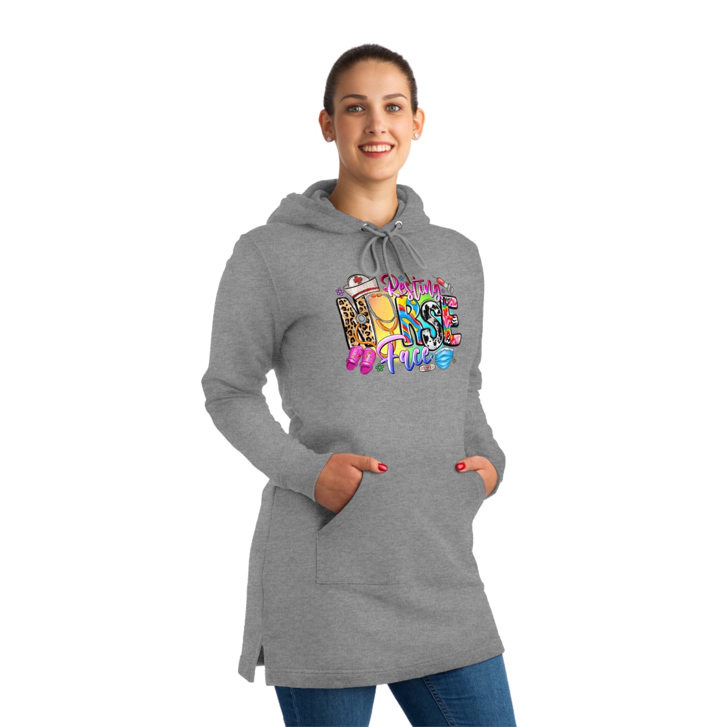 Colorful Nurse Graphic Hoodie Dress for Streetwear Lovers, Cozy Outfit, Casual Fashion, Gift for Her, Everyday Wear - Streeter Hoodie Dress.