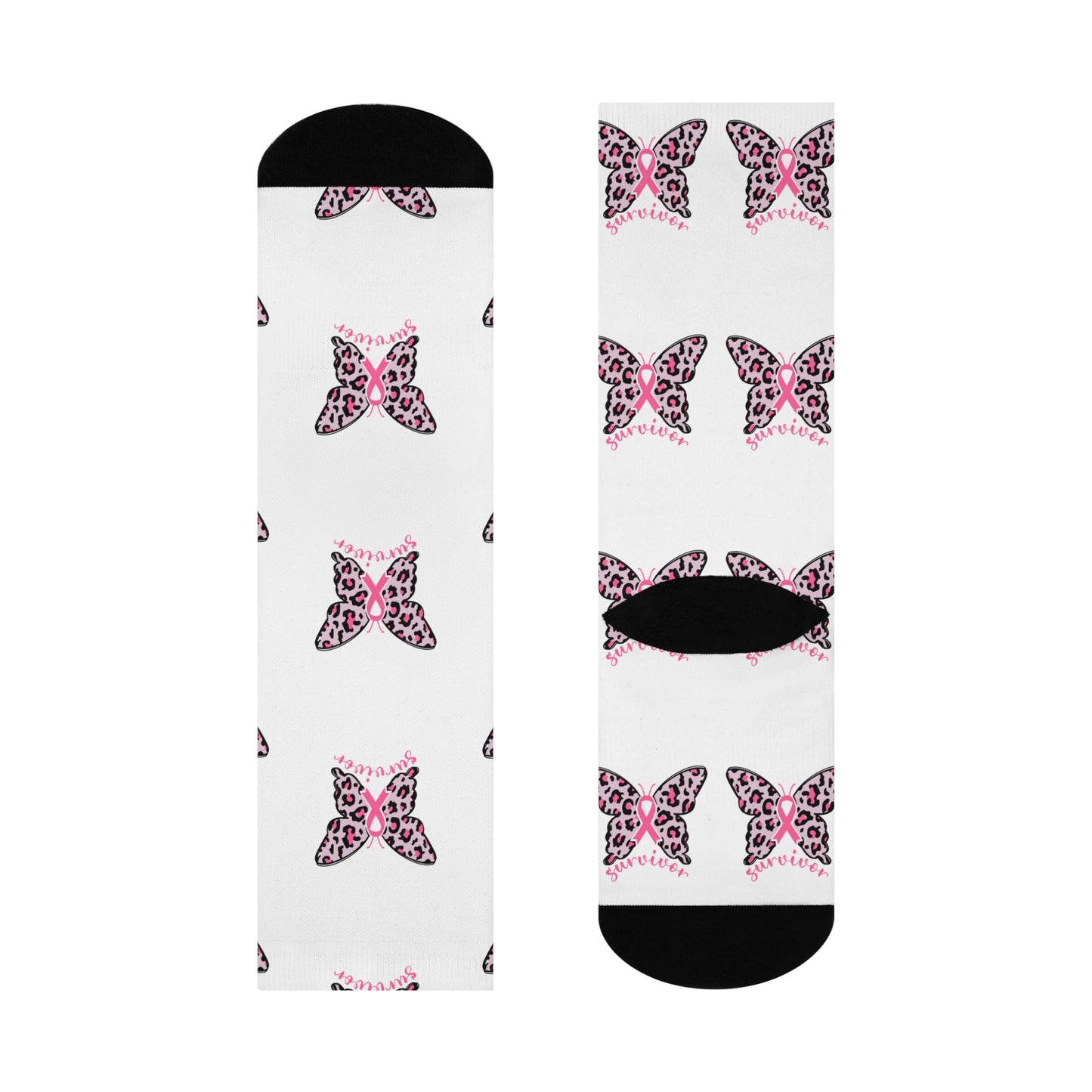 Butterfly Print Cushioned Crew Socks - Cute Gift, Fashion Accessory, Casual Wear, Stylish Comfort, Birthday Present, Breast Cancer Survivor