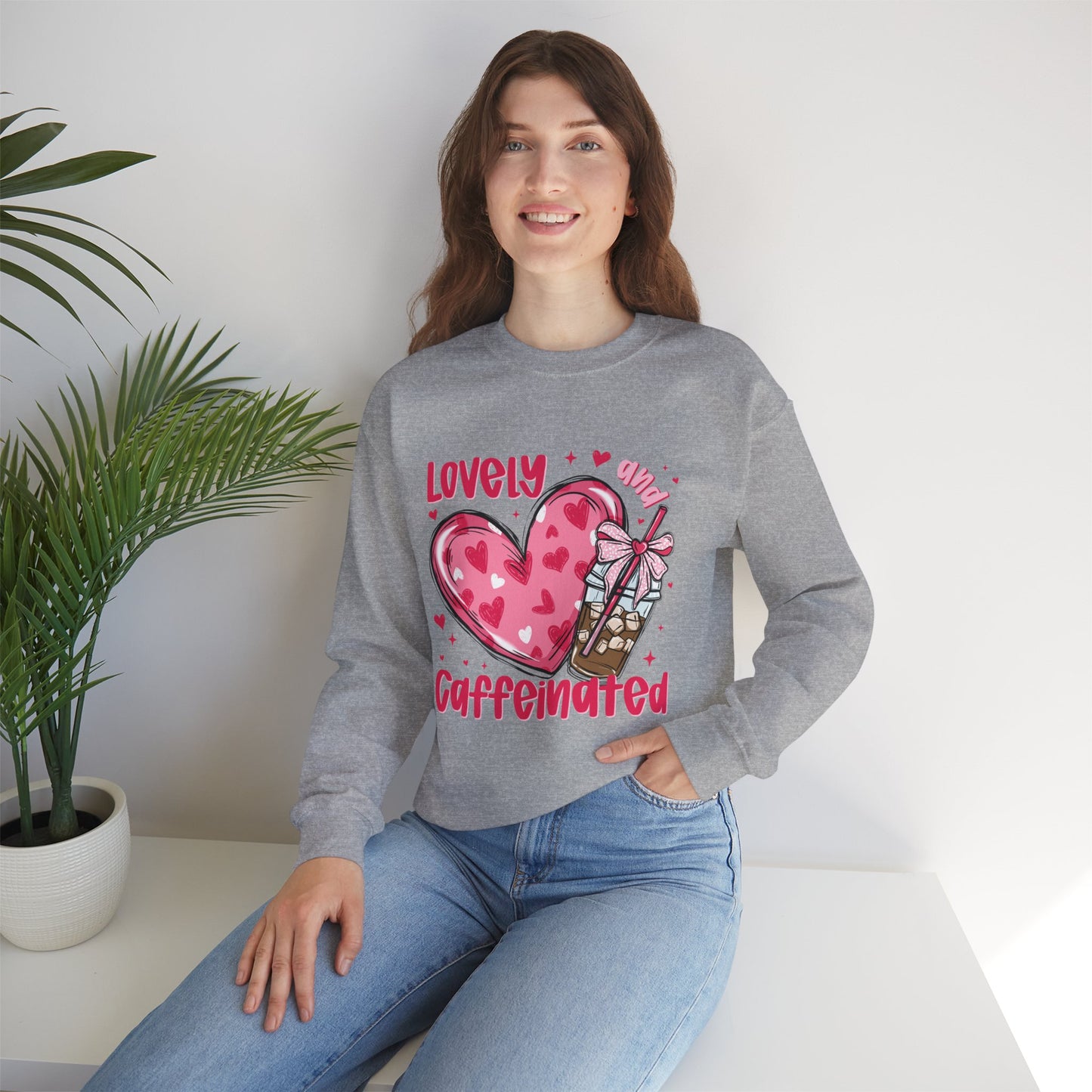 Lovely Caffeinated Unisex Crewneck Sweatshirt - Cozy Heart Design