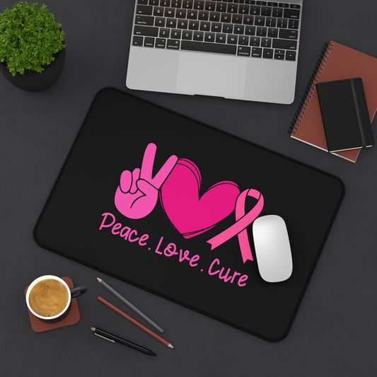 Peace Love Cure Desk Mat for Breast Cancer Awareness, Office Decor, Gift for Cancer Fighters, Supportive Desk Accessories