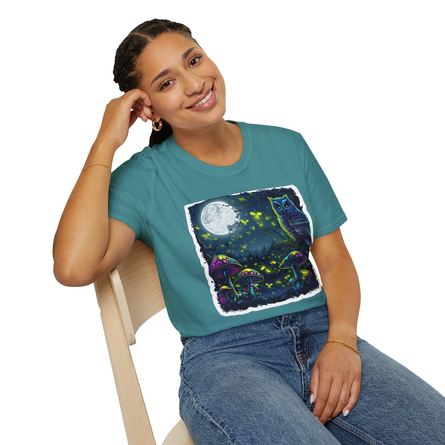 Whimsical Owl & Mushroom T-Shirt, Nature Lover Gift, Unique Graphic Tee, Full Moon Design, Perfect for Festivals, Fall Vibes