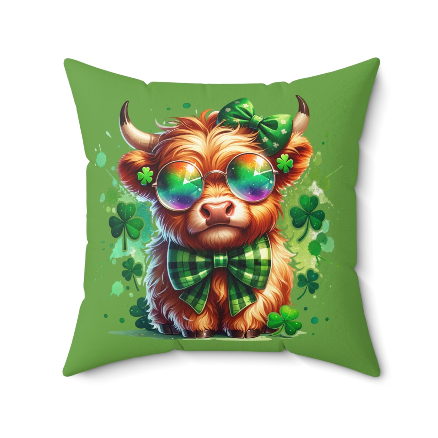 St. Patricks Day Highland Cow Pillow, Cute Home Decor, Throw Cushion for Cozy Living Spaces, Irish Gift, Shamrock Decoration