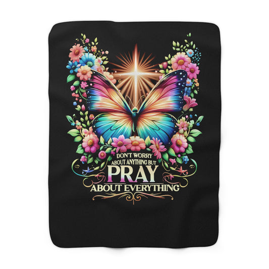 Inspirational Sherpa Fleece Blanket with Colorful Butterfly and Flowers, Cozy Home Decor, Gift for Her, Faith & Motivation, Prayer and