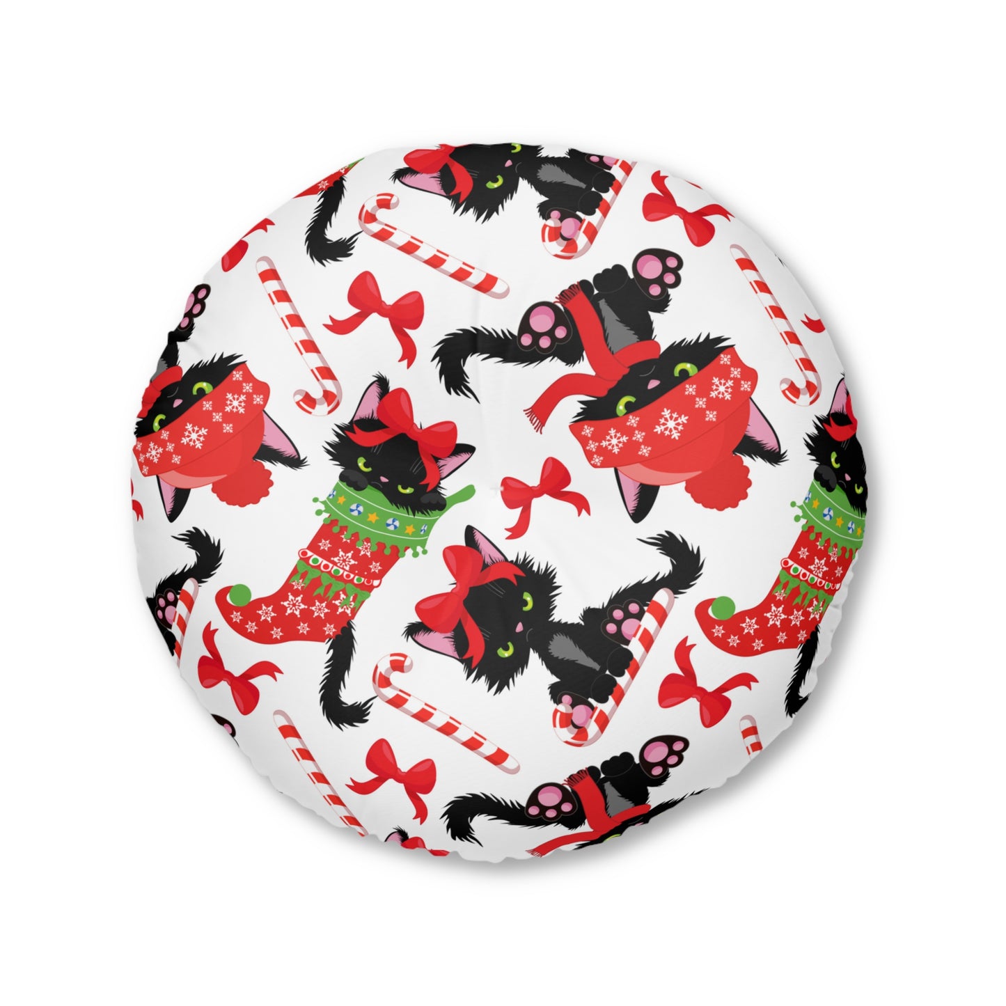 Festive Cat Tufted Floor Pillow, Cozy Pet Bed for Christmas, Holiday Decor, Cute Cat Lovers Gift, Round Plush Cushion