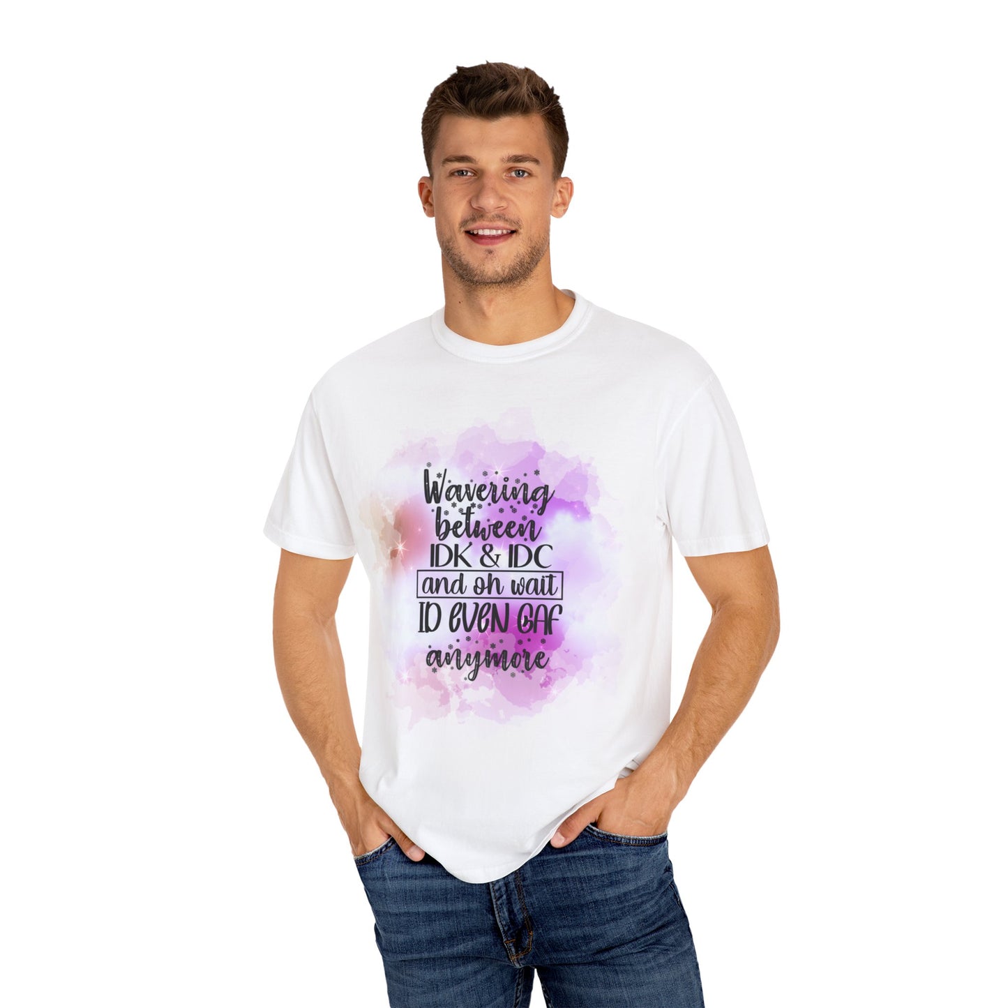 Wavering IDK & IDC Unisex Garment-Dyed T-Shirt, Funny Graphic Tee, Casual Wear, Gift for Friends, summer fashion, laid-back style