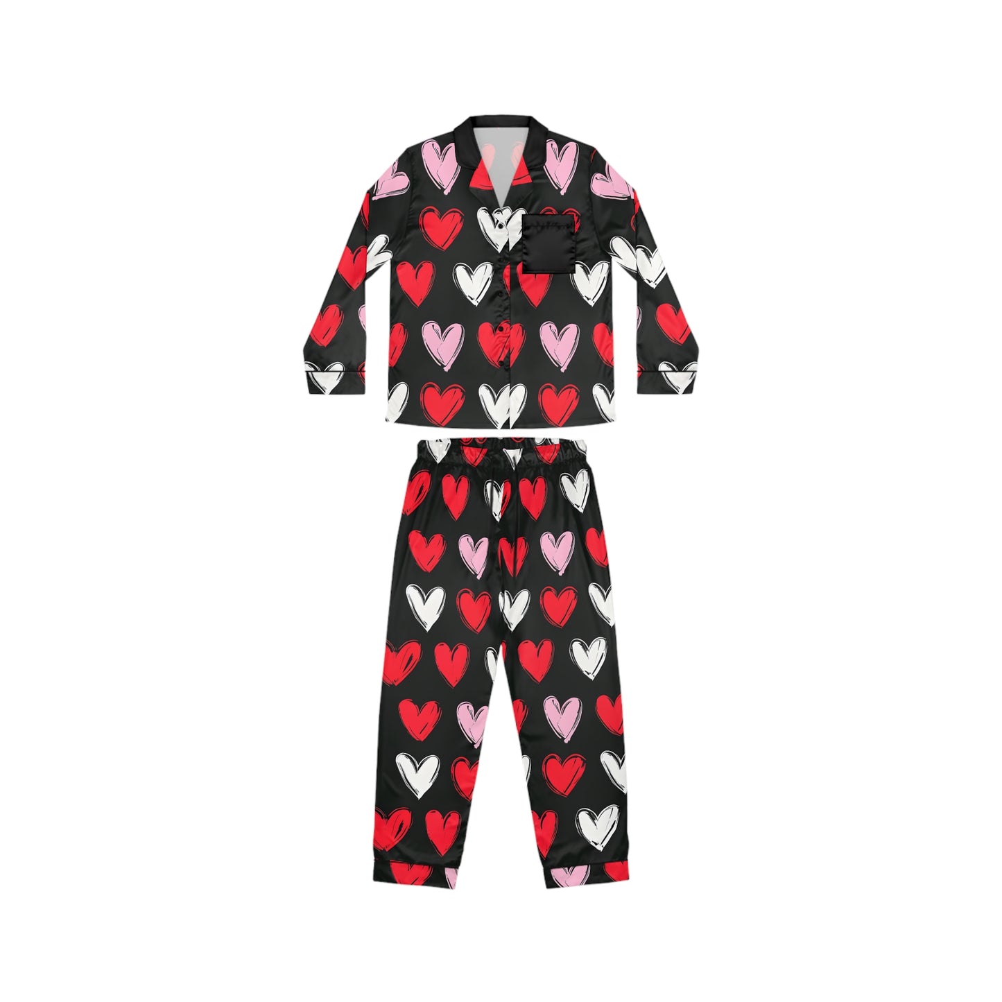 Cozy Heart Pattern Satin Pajamas for Women - Perfect for Valentine's Day & Relaxation