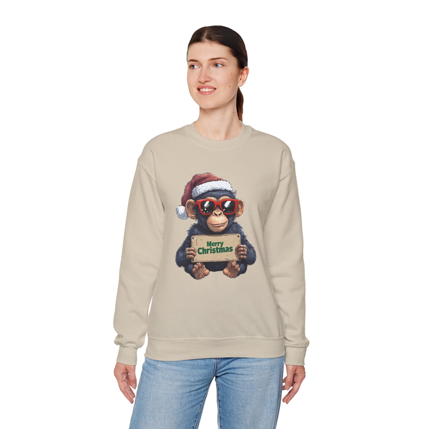 Merry Christmas Monkey Sweatshirt, Funny Holiday Crewneck, Unisex Gift, Christmas Apparel, Winter Wear, Cute Chimp Design