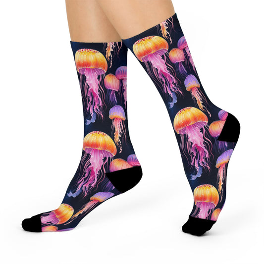 Vibrant Jellyfish Crew Socks, Fun Gift for Ocean Lovers, Comfortable Fashion, Unique Wearable Art, Summer Essentials, Festival Wear