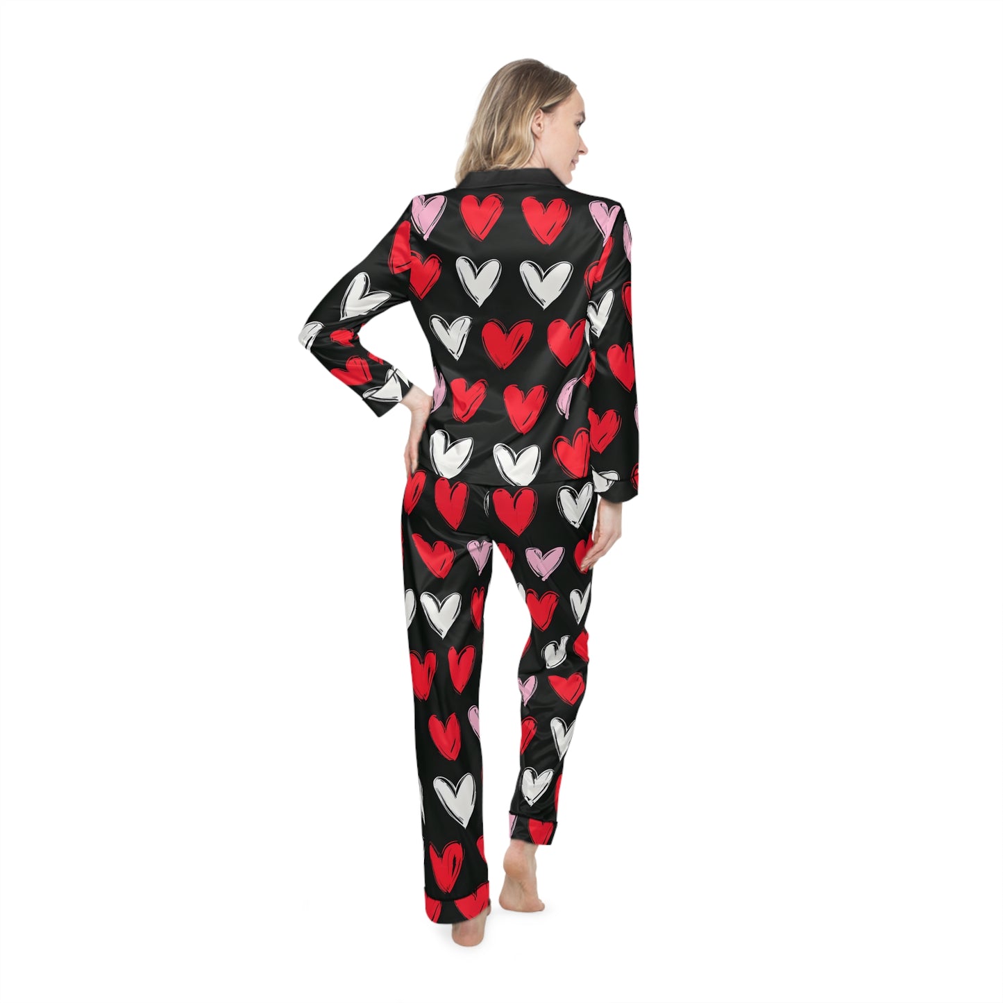 Cozy Heart Pattern Satin Pajamas for Women - Perfect for Valentine's Day & Relaxation