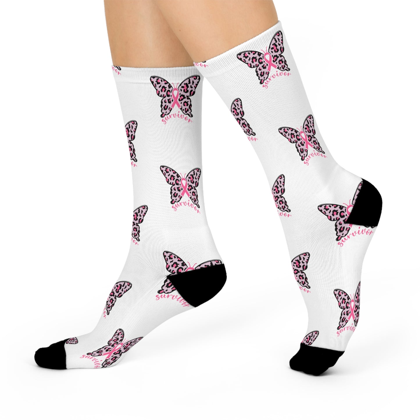 Butterfly Print Cushioned Crew Socks - Cute Gift, Fashion Accessory, Casual Wear, Stylish Comfort, Birthday Present, Breast Cancer Survivor