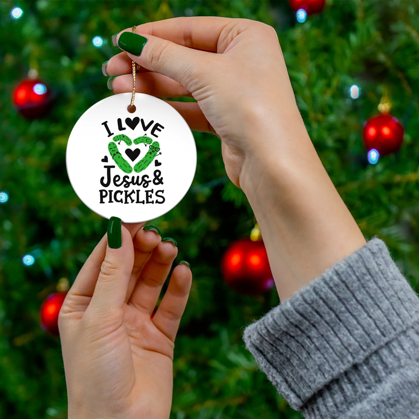 Whimsical Ceramic Ornament for Jesus & Pickles Lovers, Unique Holiday Decor, Cute Gift for Foodies, Fun Kitchen Decoration, Perfect for