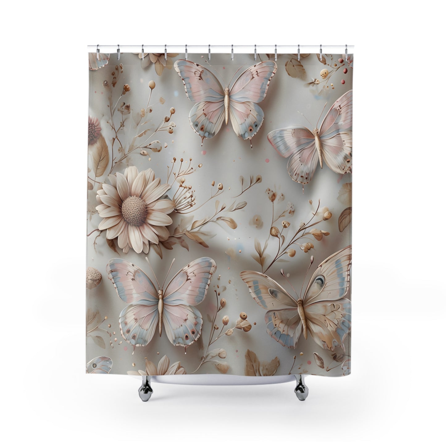 Elegant Floral Butterfly Shower Curtain, Bathroom Decor, Spring Home Accessory, Gift for Her, Nature-Inspired Design - Shower Curtains,