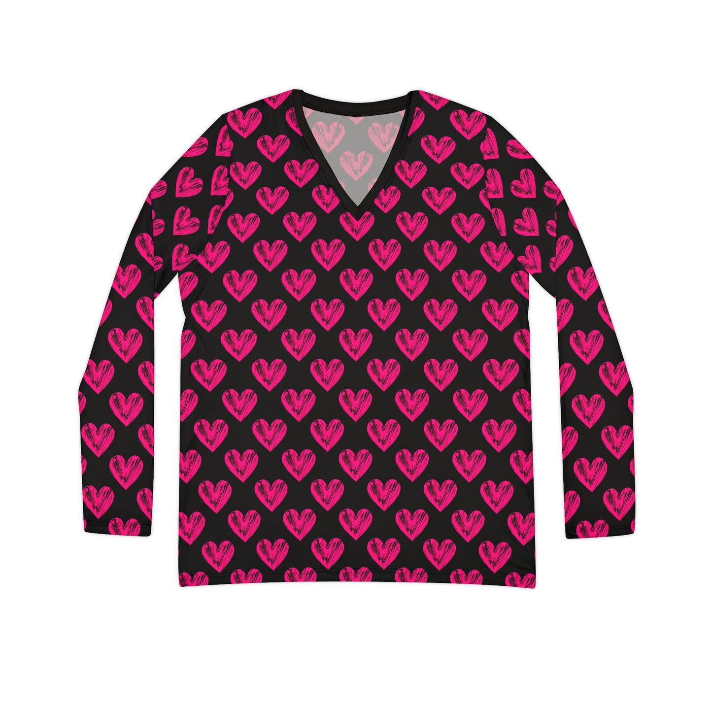 Heart Pattern Women's Long Sleeve V-Neck Shirt - Perfect for Valentine's Day and Casual Wear