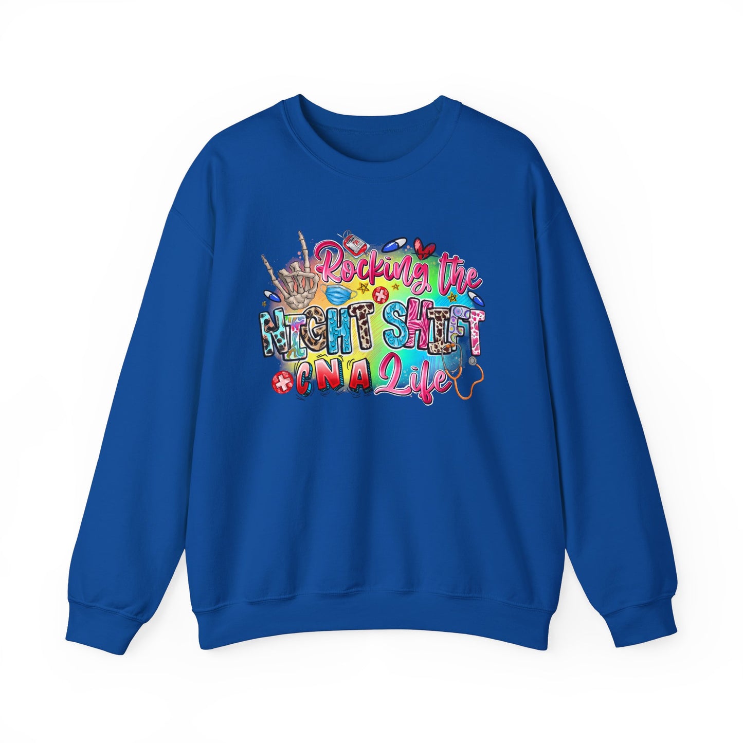 Rocking the Night Shift Crewneck Sweatshirt, Cozy Unisex Pullover for Night Owls, Perfect Gift for Healthcare Workers, Cute Sweatshirt for