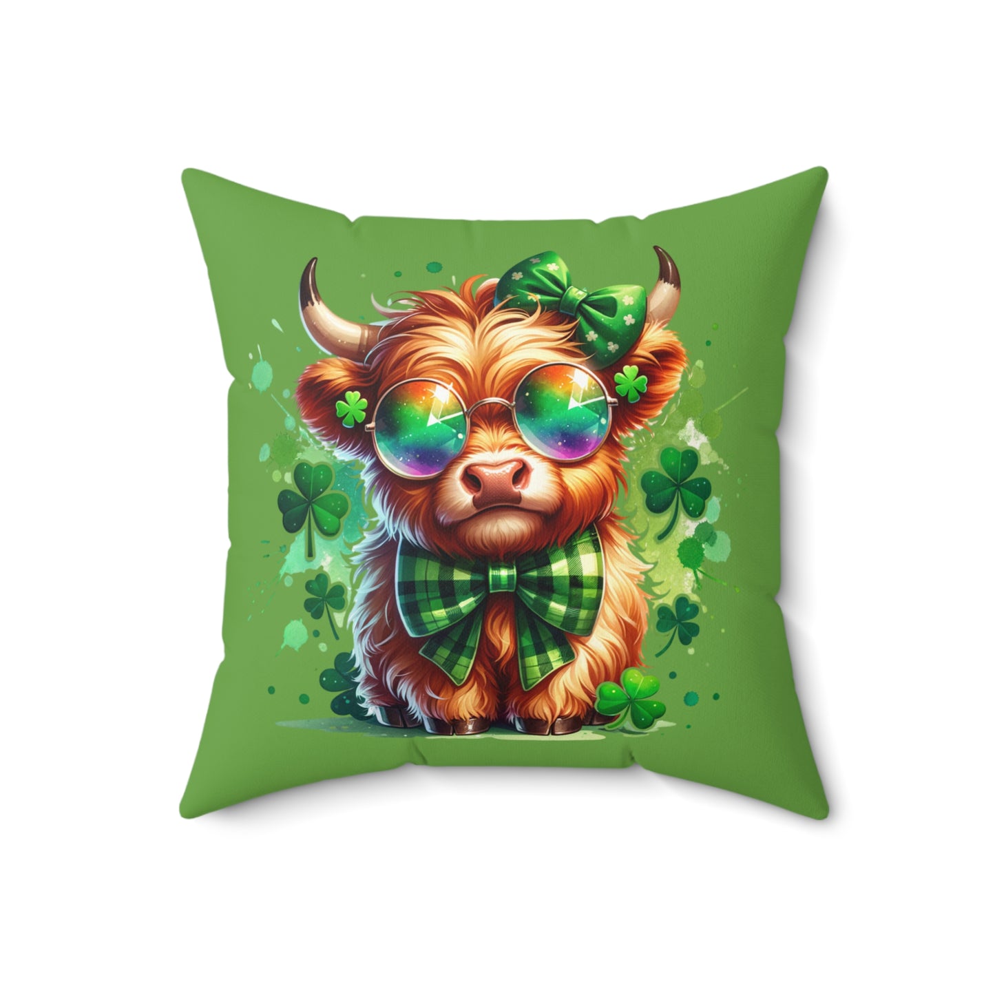 St. Patricks Day Highland Cow Pillow, Cute Home Decor, Throw Cushion for Cozy Living Spaces, Irish Gift, Shamrock Decoration