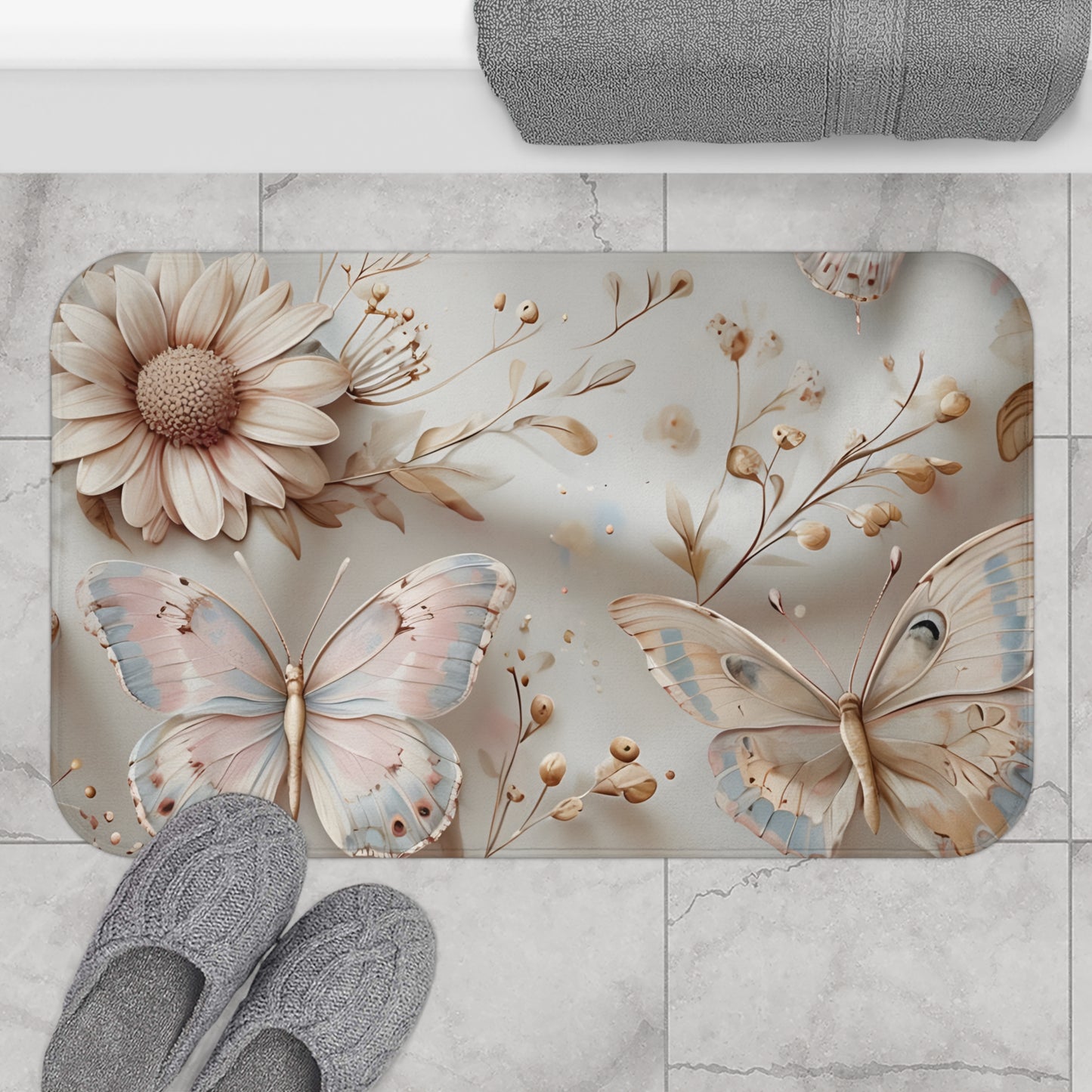 Butterfly Garden Bath Mat - Floral Decor, Home Accessory, Bathroom Gift, Spring Decor, Nature Inspired