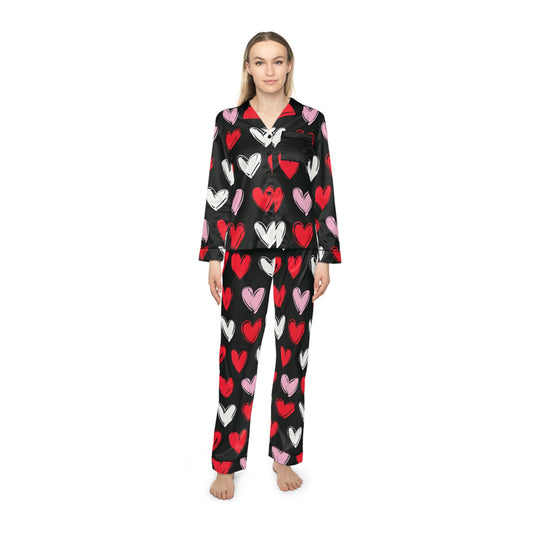 Cozy Heart Pattern Satin Pajamas for Women - Perfect for Valentine's Day & Relaxation