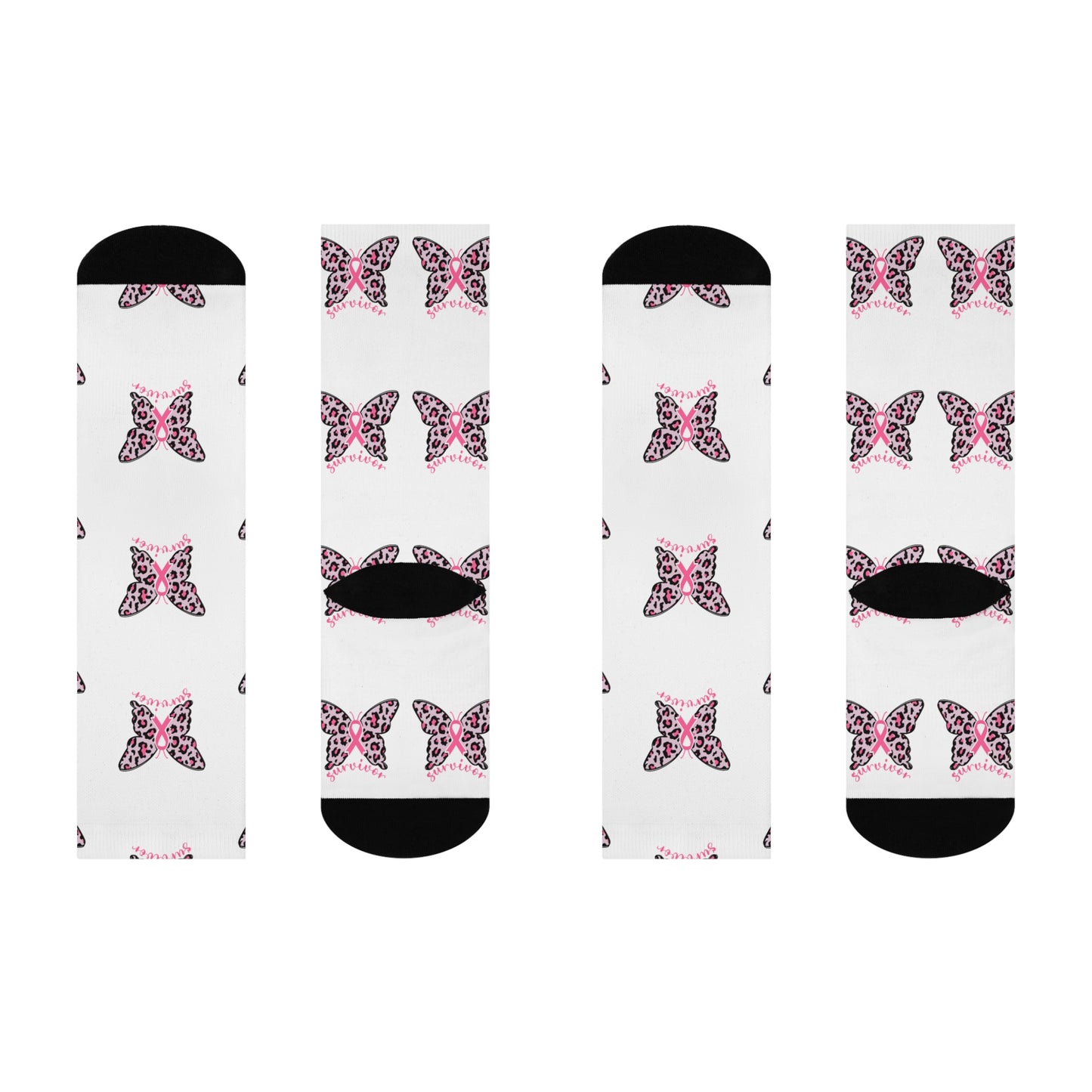 Butterfly Print Cushioned Crew Socks - Cute Gift, Fashion Accessory, Casual Wear, Stylish Comfort, Birthday Present, Breast Cancer Survivor