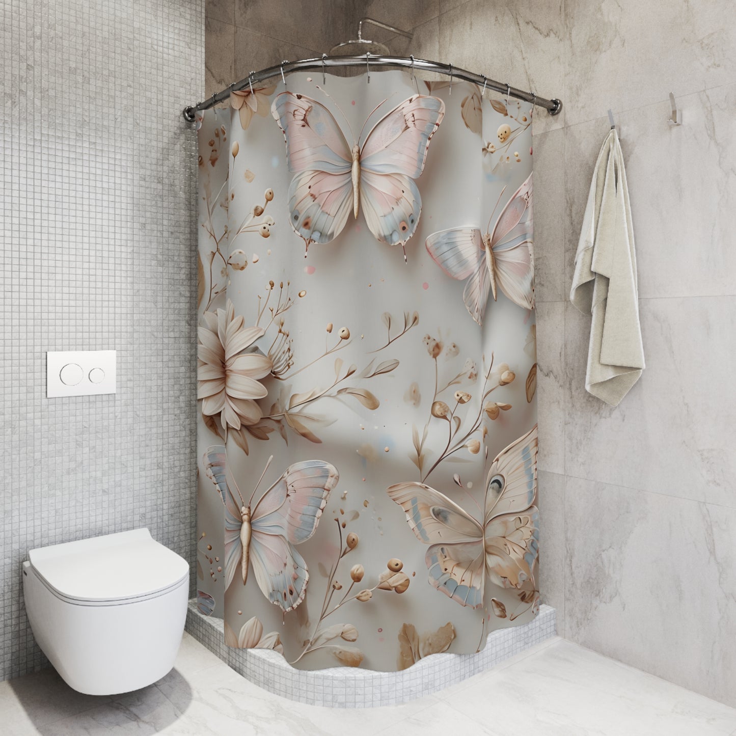 Elegant Floral Butterfly Shower Curtain, Bathroom Decor, Spring Home Accessory, Gift for Her, Nature-Inspired Design - Shower Curtains,