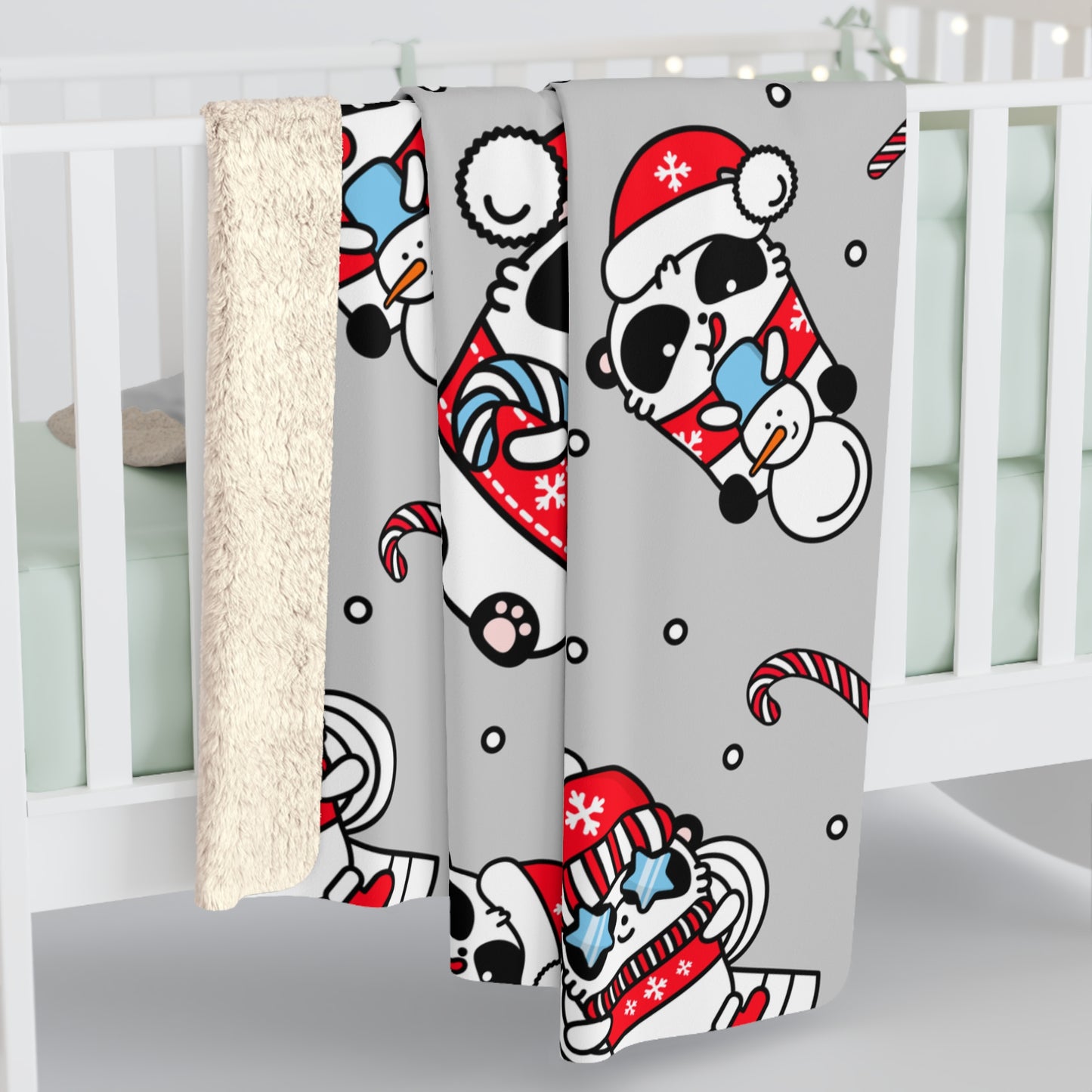 Cozy Sherpa Fleece Blanket with Festive Panda and Snowman Design, Winter Decor, Gift for Kids, Christmas Blanket, Cute Throw