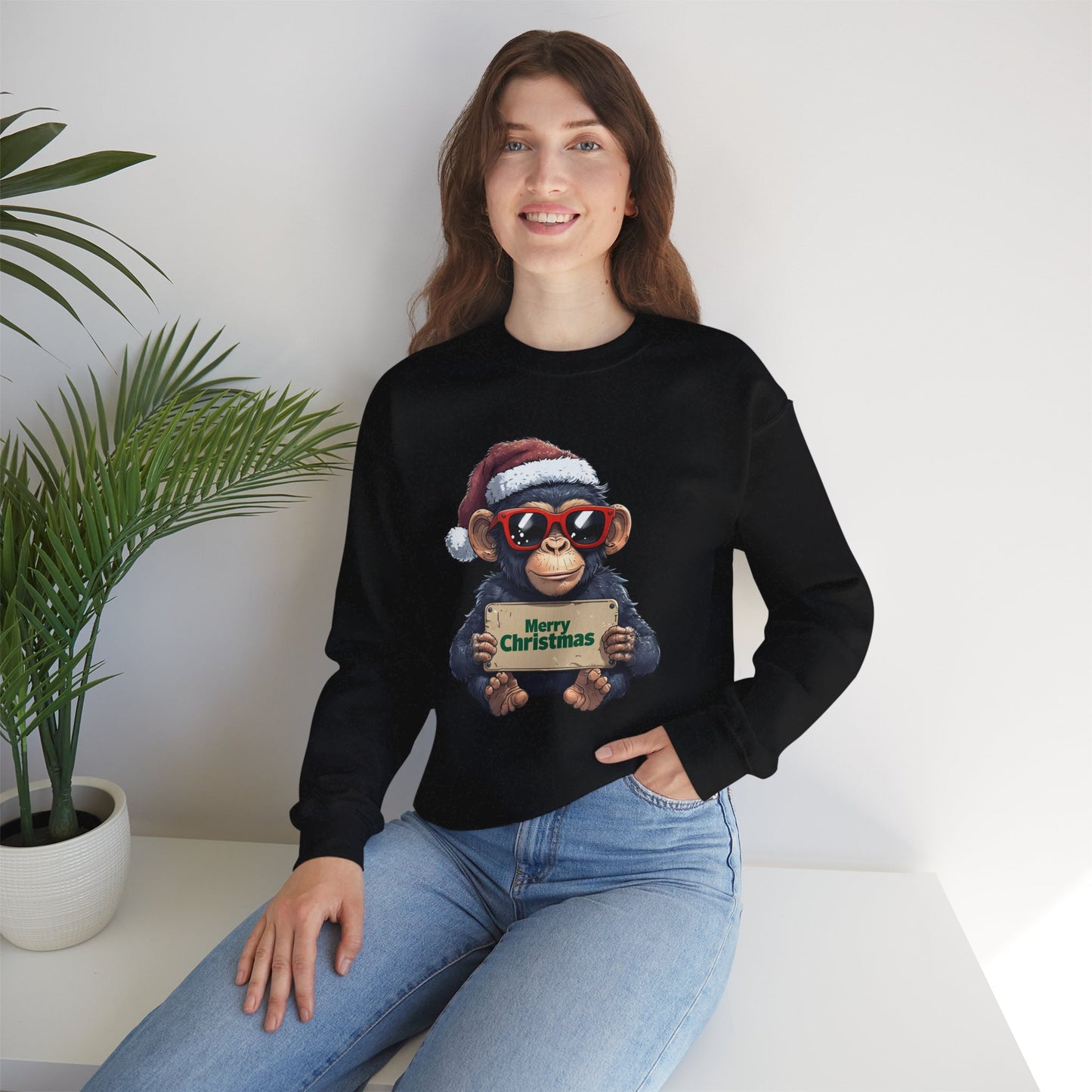 Merry Christmas Monkey Sweatshirt, Funny Holiday Crewneck, Unisex Gift, Christmas Apparel, Winter Wear, Cute Chimp Design