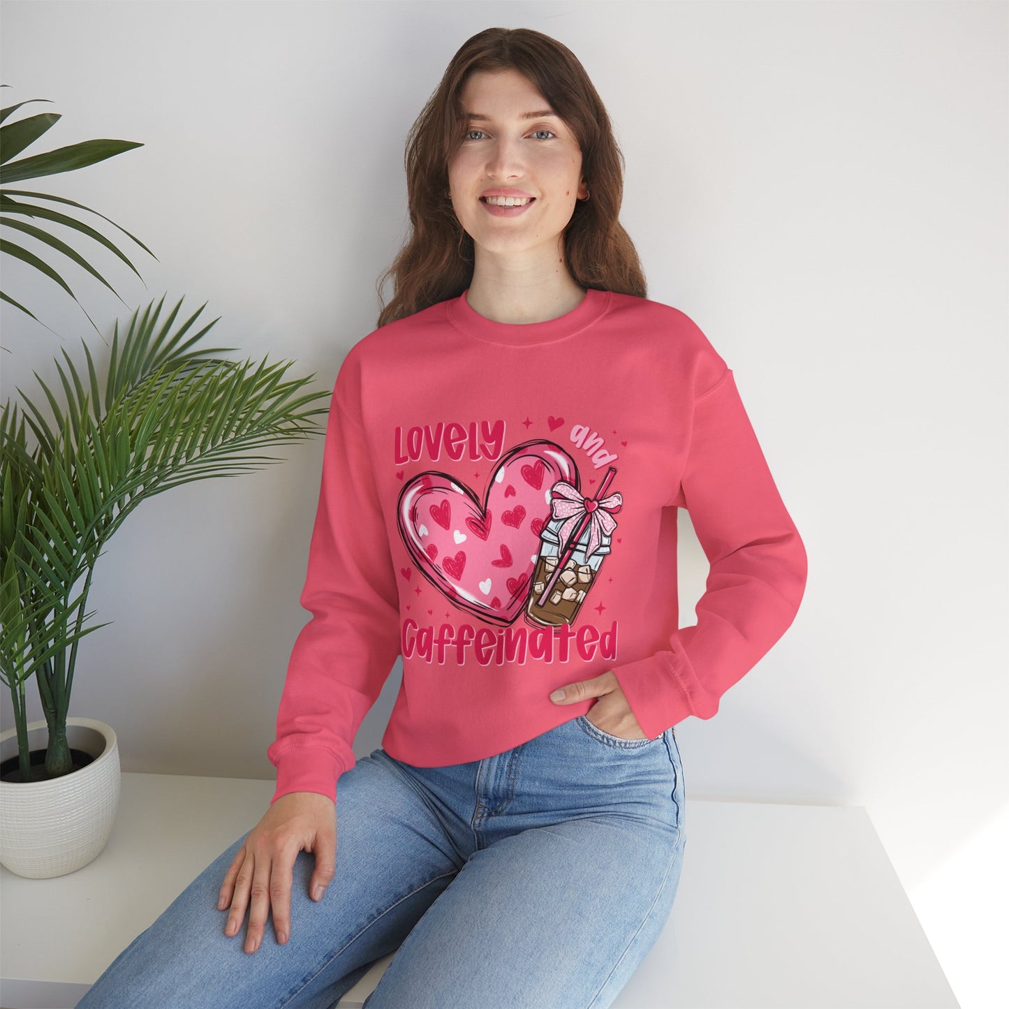 Lovely Caffeinated Unisex Crewneck Sweatshirt - Cozy Heart Design