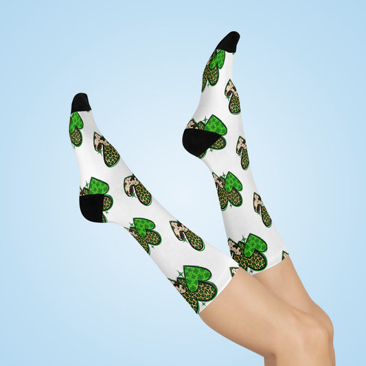 Cushioned Crew Socks Featuring Trendy Green Hearts, Fun Fashion Socks, Unique Gift for Her, St. Patricks Day, Everyday Wear, Cool Patterns